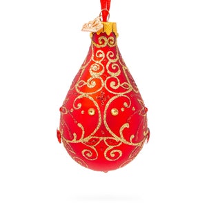 Golden Flowers on Red Glass Waterdrop Finial Christmas Ornament