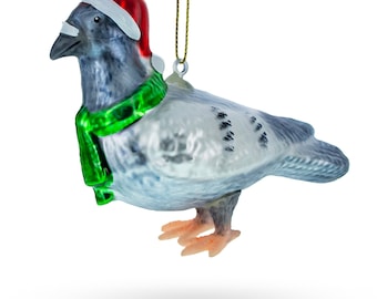 Festive Santa Hat-Wearing Pigeon - Blown Glass Christmas Ornament