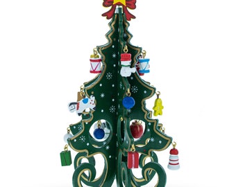 Wooden Tabletop Christmas Tree with Cute Miniature German Style Wooden Ornaments 7.5 Inches