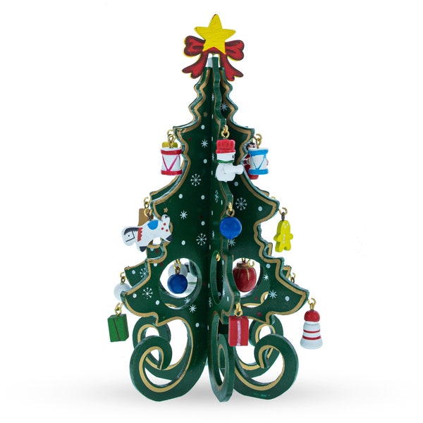 Wooden Tabletop Christmas Tree with Cute Miniature German Style Wooden Ornaments 7.5 Inches