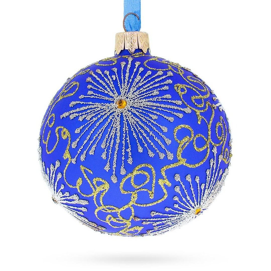 Sparkling Jeweled Snowflakes on Blue Blown Glass Ball Christmas ...