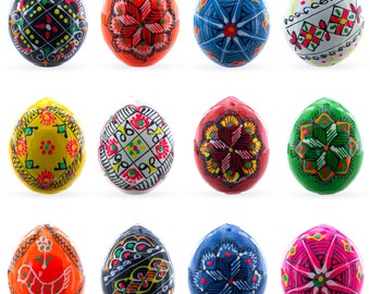 Set of 12 Ukrainian Wooden Easter Eggs Pysanky 1.5 Inches