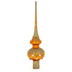 Dimensional White and Golden Jewels on Sparkling Orange Artisan Hand Crafted Mouth Blown Glass Christmas Tree Topper 11 Inches