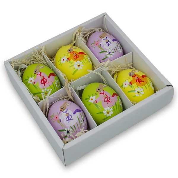 Set of 6 Real Eggshell Bunny and Flowers Pysanky Easter Egg Ornaments 2.5 Inches