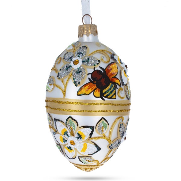 Bee On Flowers Glass Egg Ornament 4 Inches