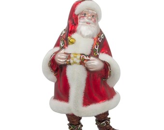 Classic Santa in Fur Coat and Red Hat - Festive Blown Glass Christmas Ornament