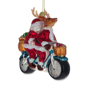 Joyful Santa and Reindeer Riding a Tandem Bike Blown Glass Christmas ...