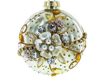 Jeweled Flowers - Exquisite Blown Glass Ball Christmas Ornament