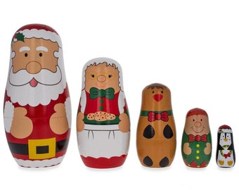 Santa Claus, Mrs. Claus, Reindeer, Elf Wooden Nesting Dolls 6 Inches