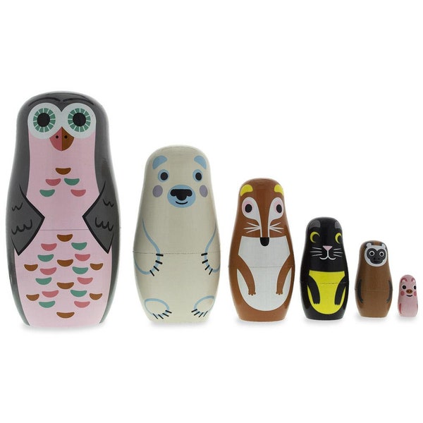 Set of 6 Animals Wooden Nesting Dolls- Owl, Bear, Fox, Cat, Monkey, Pig