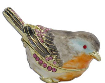 2" Robin Bird Faberge Inspired Jeweled Trinket Box Figurine