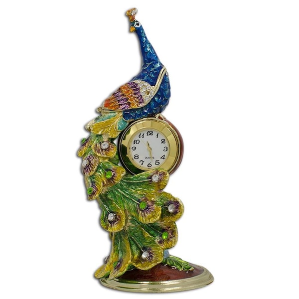 Paon assis sur une horloge, boîte à bijoux, figurine 5,5 pouces