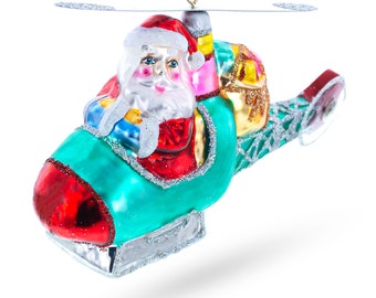 Santa Claus Pilot in Helicopter - Festive Blown Glass Christmas Ornament