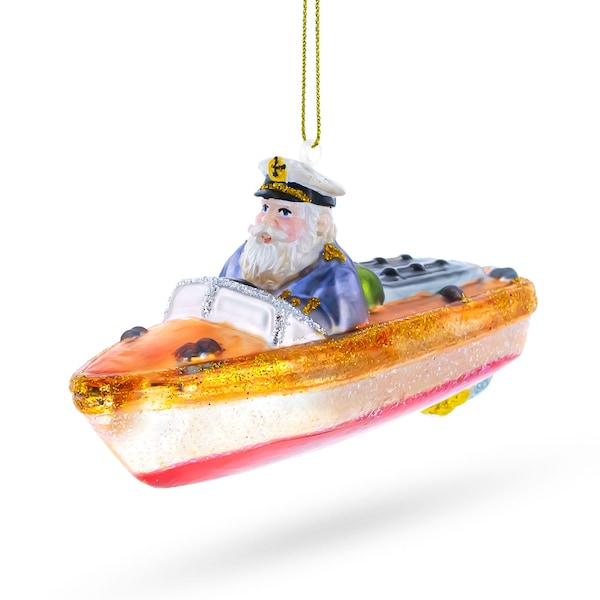 Nautical Captain Santa on Boat - Elegant Blown Glass Christmas Ornament