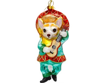 Chihuahua Dog in Sombrero Playing Guitar - Blown Glass Christmas Ornament
