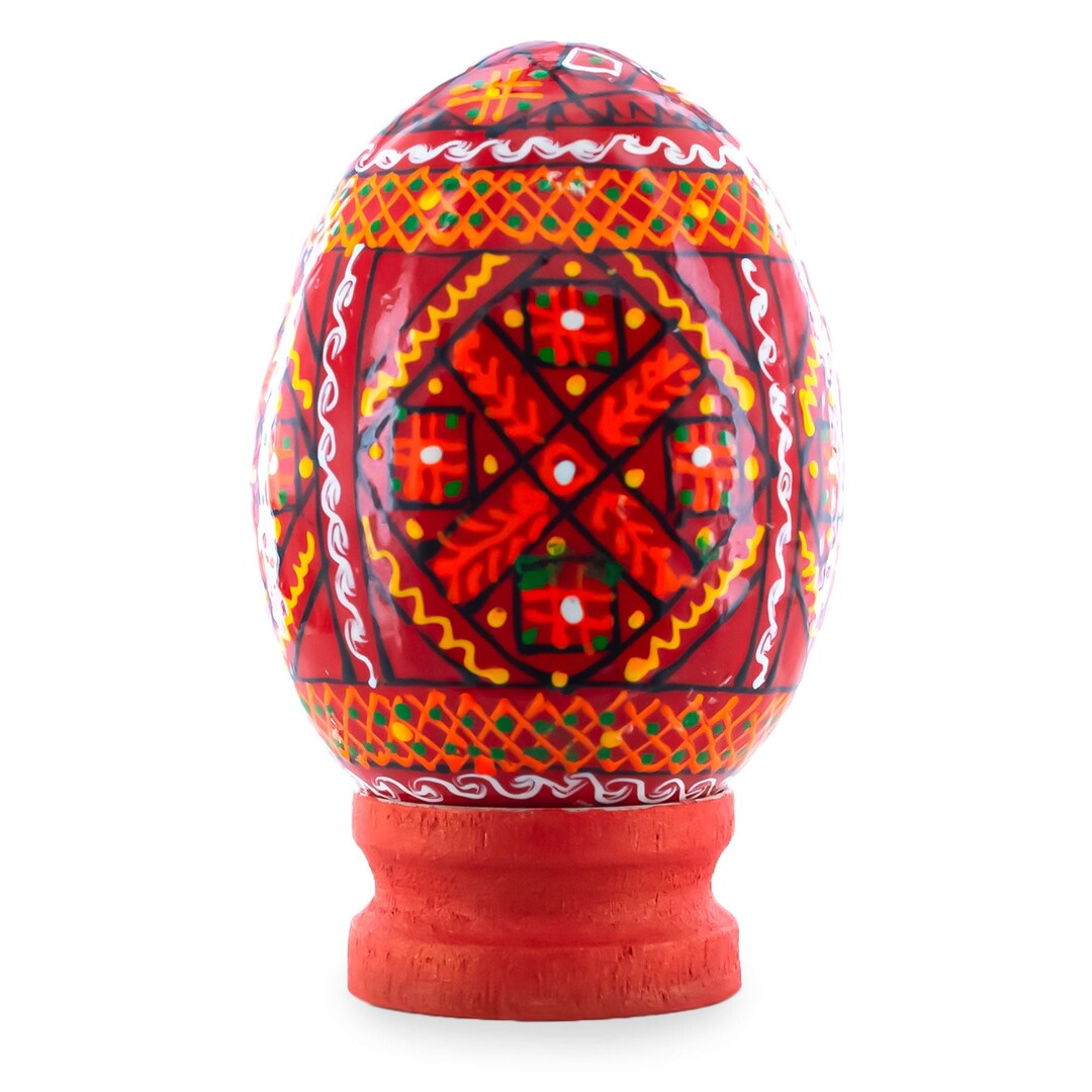 Geometrical Red Ukrainian Wooden Easter Egg Pysanka on a Stand 3 Inches ...
