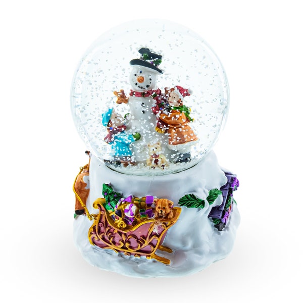 Warm Snowman Embrace: Musical Water Snow Globe with Kids Hugging