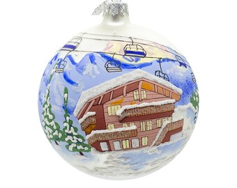 Chalet and Ski Lifts in the Mountains Glass Ball Christmas Ornament 4 Inches