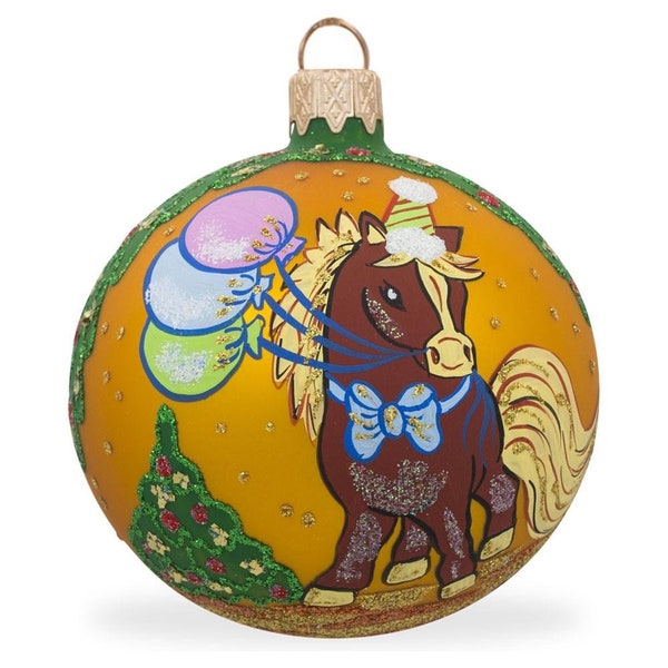 Whimsical Horse with Floating Balloons Blown Glass Ball Christmas Ornament 3.25 Inches