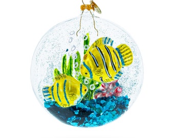 Yellow Fishes Inside Fish Tank - Blown Glass Christmas Ornament