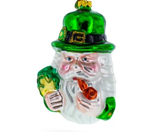 Irish Santa Holding a Pipe with Green Hat - Exquisite Blown Glass Christmas Ornament