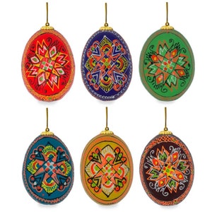 Set of 6 Hand Painted Wooden Ukrainian Easter Egg Ornaments 2.5 Inches