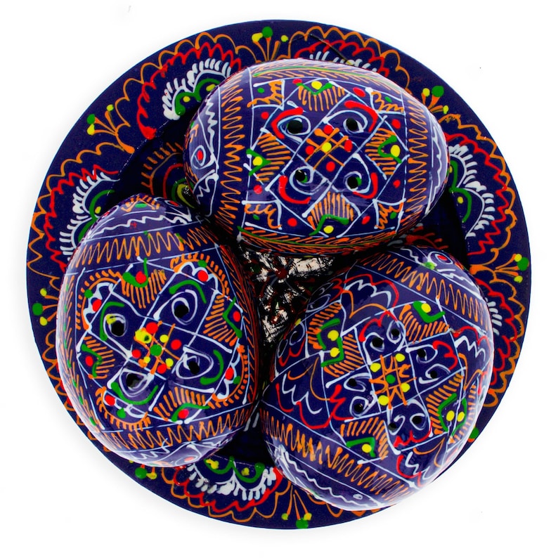 Set of 3 Purple Wooden Ukrainian Easter Eggs on a Plate