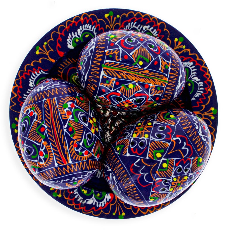 Set of 3 Purple Wooden Ukrainian Easter Eggs on a Plate
