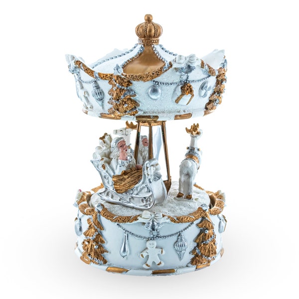 Santa's Reindeer Carousel: White Spinning Christmas Musical Box