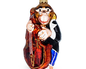 Monkey Playing Contrabass Glass Christmas Ornament