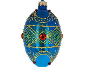 Jeweled Red Ruby on Blue Glass Egg Ornament 4 Inches