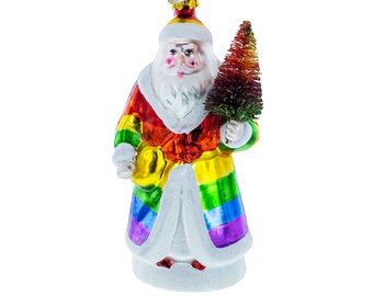 Rainbow-Clad Santa Holding a Christmas Tree - Blown Glass Christmas Ornament
