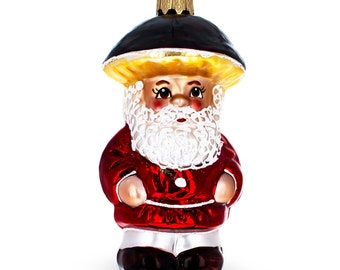 Santa in the Mushroom Hat Glass Christmas Ornament