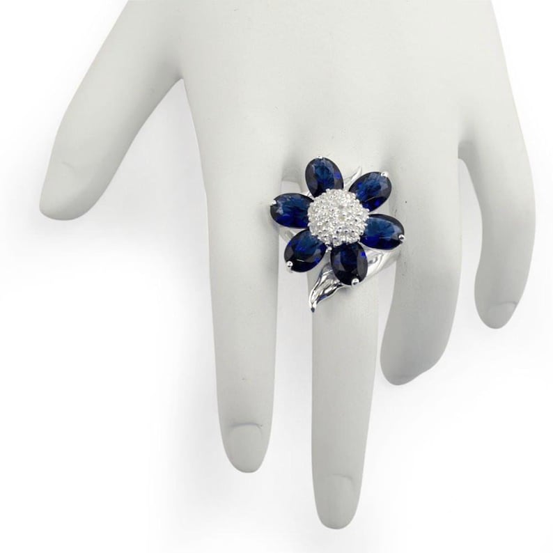 Size 7 Midnight Blue Flower Sterling Silver Ring