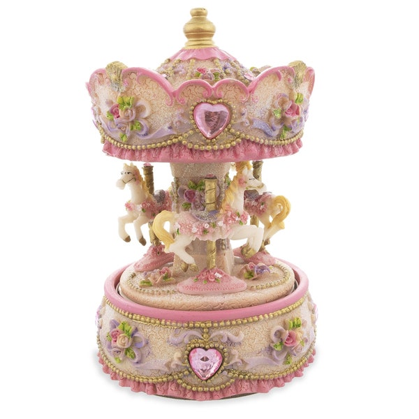 Floral Carousel Harmony: Spinning Musical Figurine with Three Horses