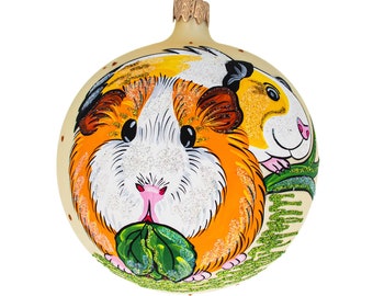 Adorable Guinea Pigs Blown Glass Ball Christmas Ornament 4 Inches