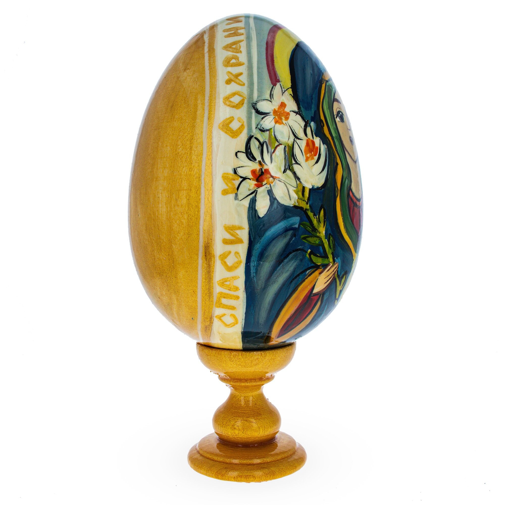 Mary and Jesus Large Wooden Hand Painted Icon Easter Egg オブジェ、置き物