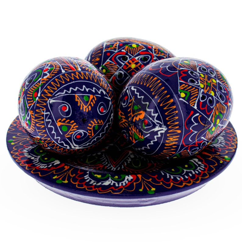 Set of 3 Purple Wooden Ukrainian Easter Eggs on a Plate