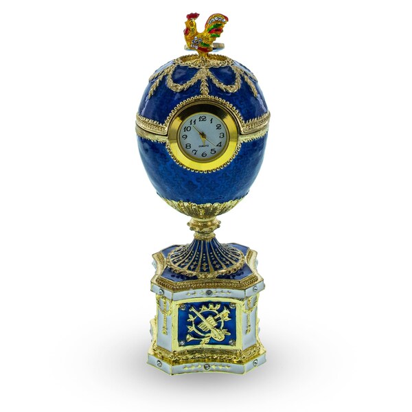 Oeuf de Pâques royal impérial en émail bleu Chanticleer Kelch 1904 avec horloge
