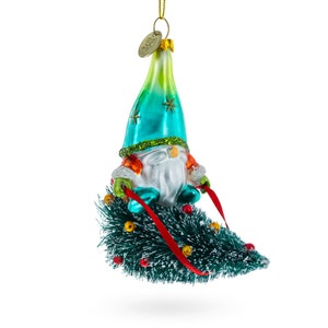 Gnome Adventurer Riding a Festive Tree - Blown Glass Christmas Ornament