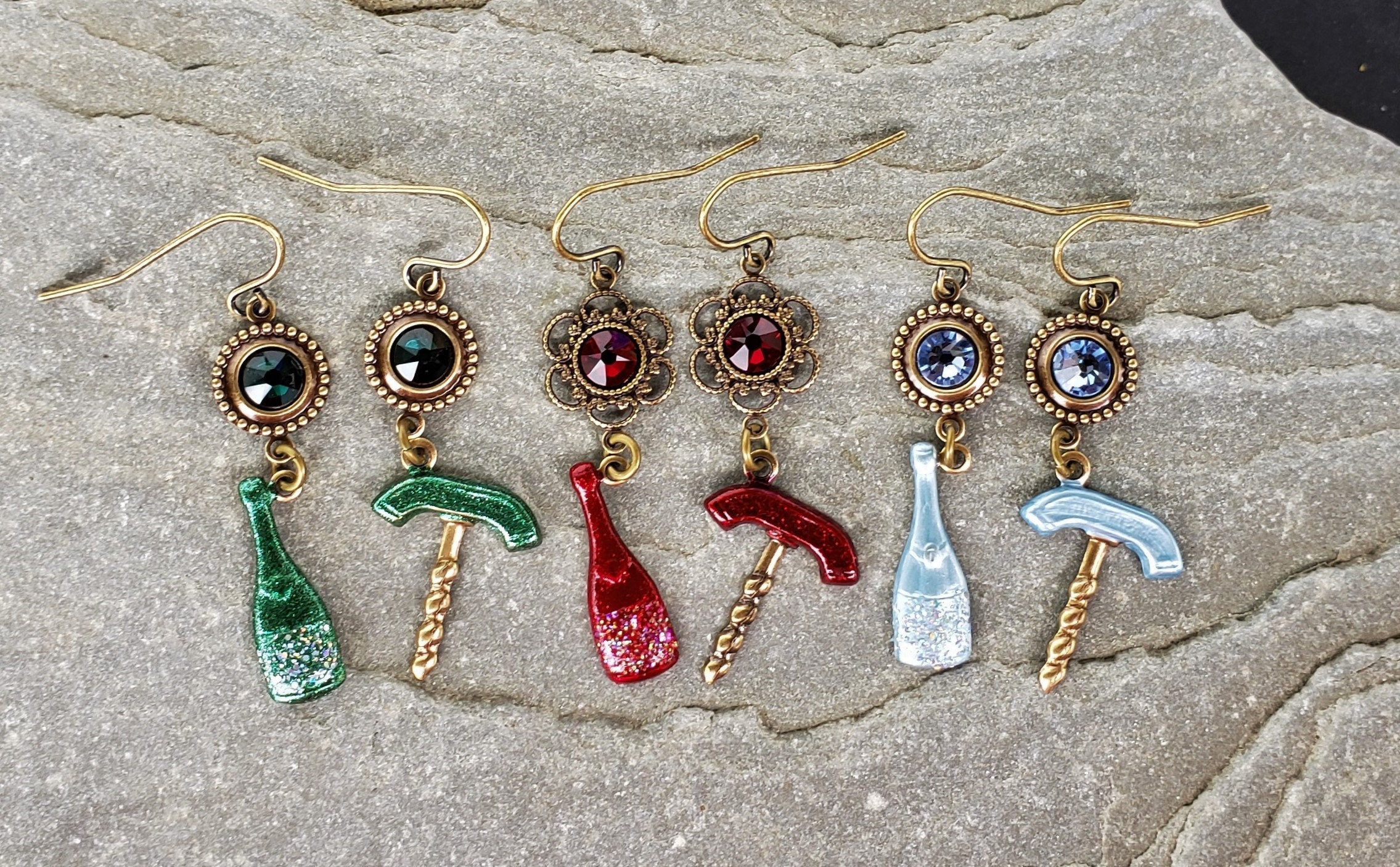 Hand Painted Wine Bottle & Corkscrew Earrings w/Swarovski Rhinestones