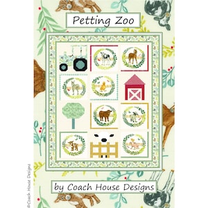 May include: A quilt pattern featuring a green, white, and red color scheme with a variety of farm animals, including cows, sheep, pigs, and horses. The quilt is titled "Petting Zoo" by Coach House Designs.
