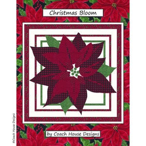 May include: A red poinsettia with black and white checkered pattern on the petals, surrounded by a green and white frame. The background is a dark red poinsettia pattern. The text "Christmas Bloom" is at the top of the image and "by Coach House Designs" is at the bottom.