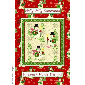May include: A red background with a white snowflake pattern and a green and white border. The center of the image features a cream-colored square with three snowmen wearing black hats, red scarves, and green wreaths. The text "Holly Jolly Snowmen" is at the top of the image and "by Coach House Designs" is at the bottom.