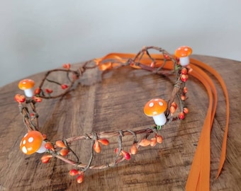 Orange Mushroom Crown, Forest Fairy Headband, Mushroom Vine Tiara, Whimsical Orange Mushroom crown headpiece, Amanita Toadstool Mushroom hat