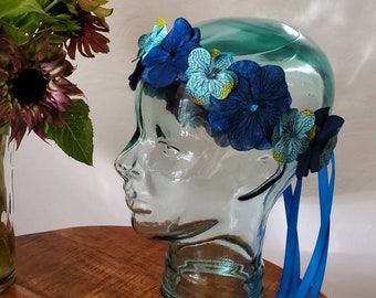 Blue Flower Crown, Blue Flower Headband, Light and Dark Blue Flower Tiara, Boho Flower Headband, Blue Flower Hippie Head Wreath