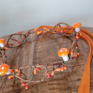 Orange Mushroom Crown, Forest Fairy Headband, Mushroom Vine Tiara, Whimsical Orange Mushroom crown headpiece, Amanita Toadstool Mushroom hat