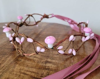 Light Pink Mushroom Crown, Amanita Toadstool Fairy Headband, Mushroom Vine Tiara, Whimsical Baby Pink Mushroom crown headpiece, Shroom Gift