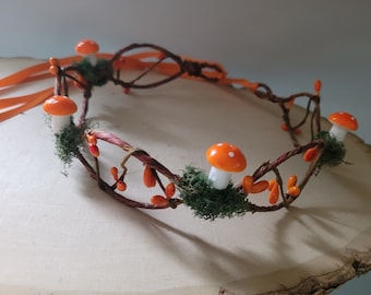 Orange Mossy Mushroom Crown, Forest Fairy Headband, Mushroom Vine Tiara, Whimsical Orange Mushroom crown headpiece, Mossy and Mushroom hat