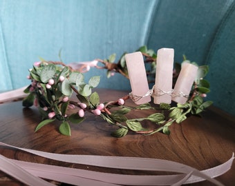 Rose Quartz Crystal Flower Crown, Spring Greenery Crystal Crown, Pink and Green Goddess Crown, Spring Fairy Headpiece, Rose Quartz Crown